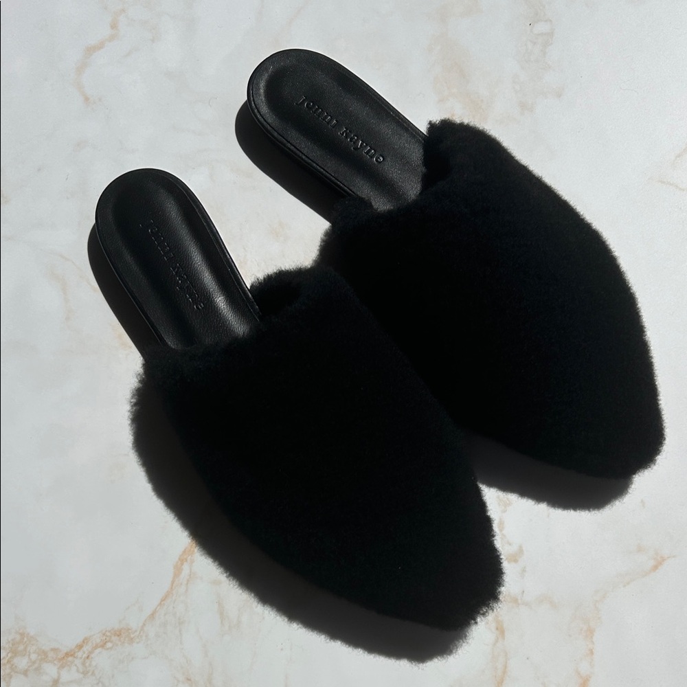 Jenni Kayne Black Faux Fur Pointed Slip-On Mules